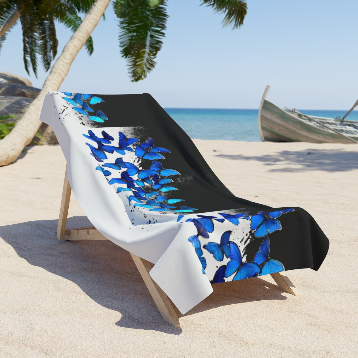 Beach Towel Butterflies on black and white 