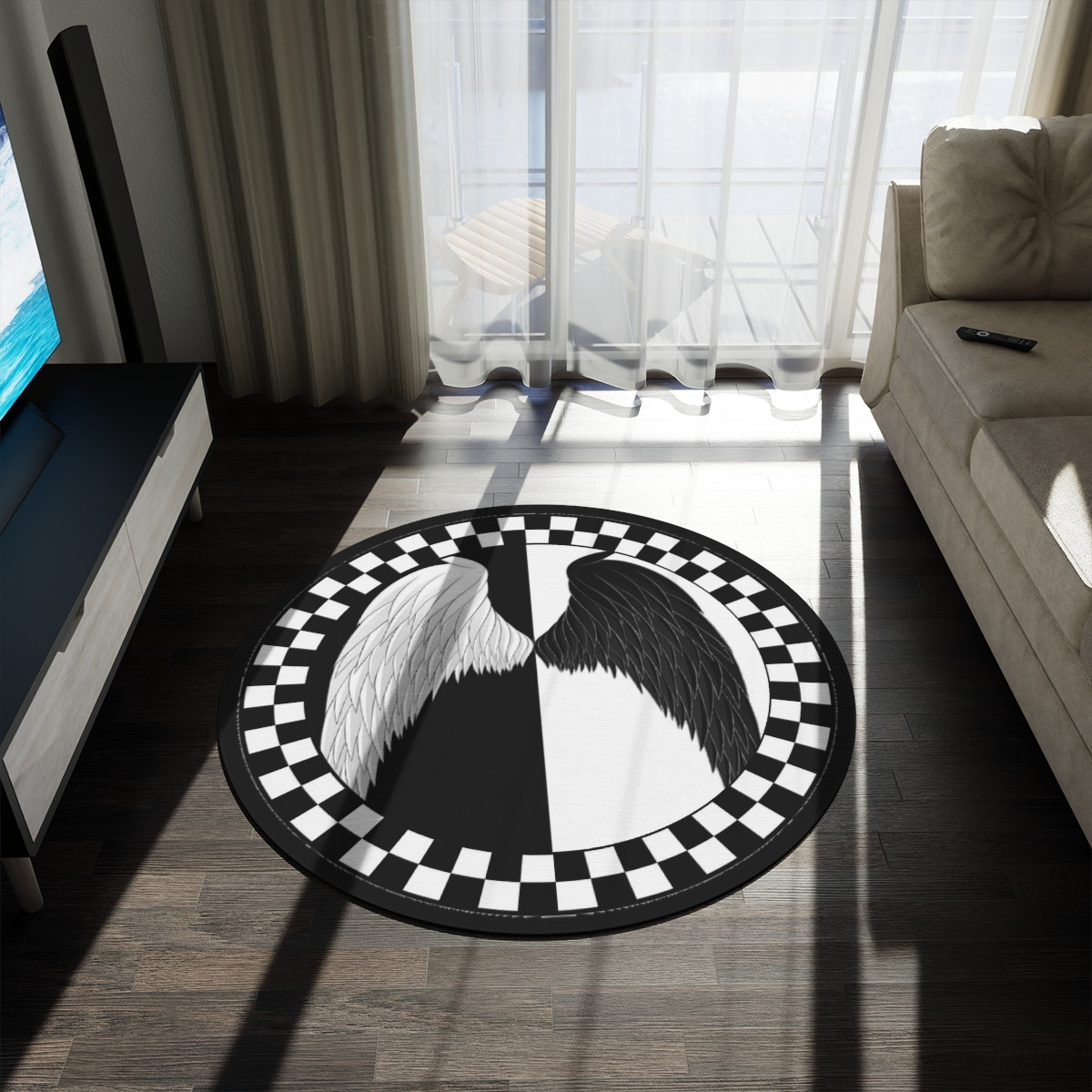 Round Rug Wings on Black and White 