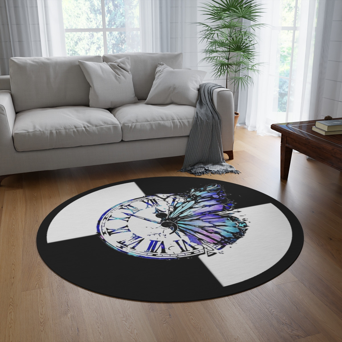 Round Rug Clock with Butterfly on black and white 