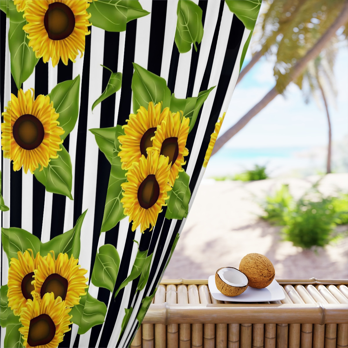 Window Curtains (1 Piece) Sunflowers on black and white 