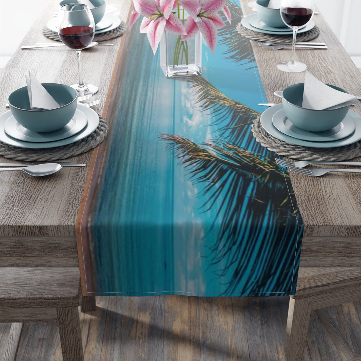 Table Runner (Cotton, Poly)  Seaside with Palm Trees