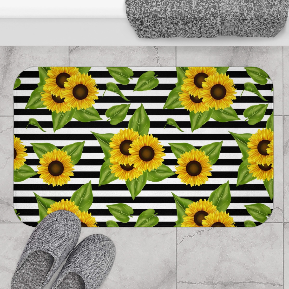 Bath Mat Sunflowers on black and white 