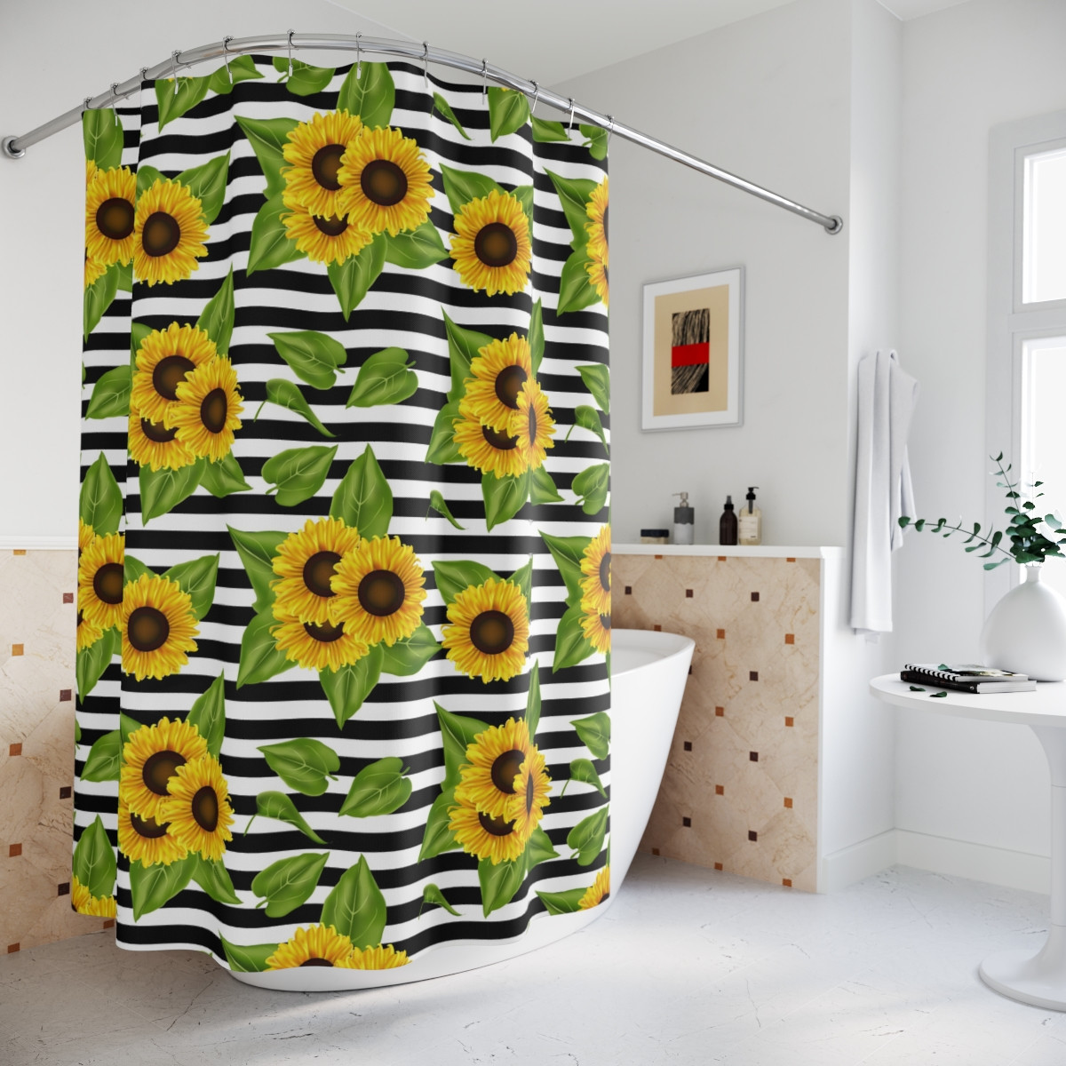 Polyester Shower Curtain Sunflowers on black and white 