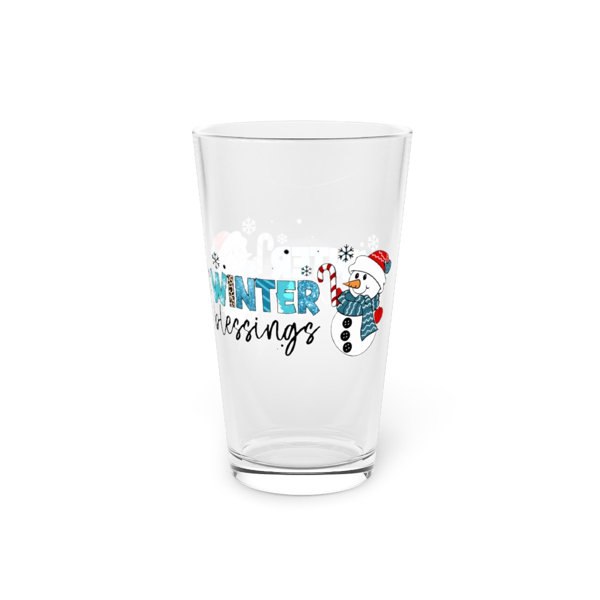 Pint Glass, 16oz Winter blessings Snowman Christmas 