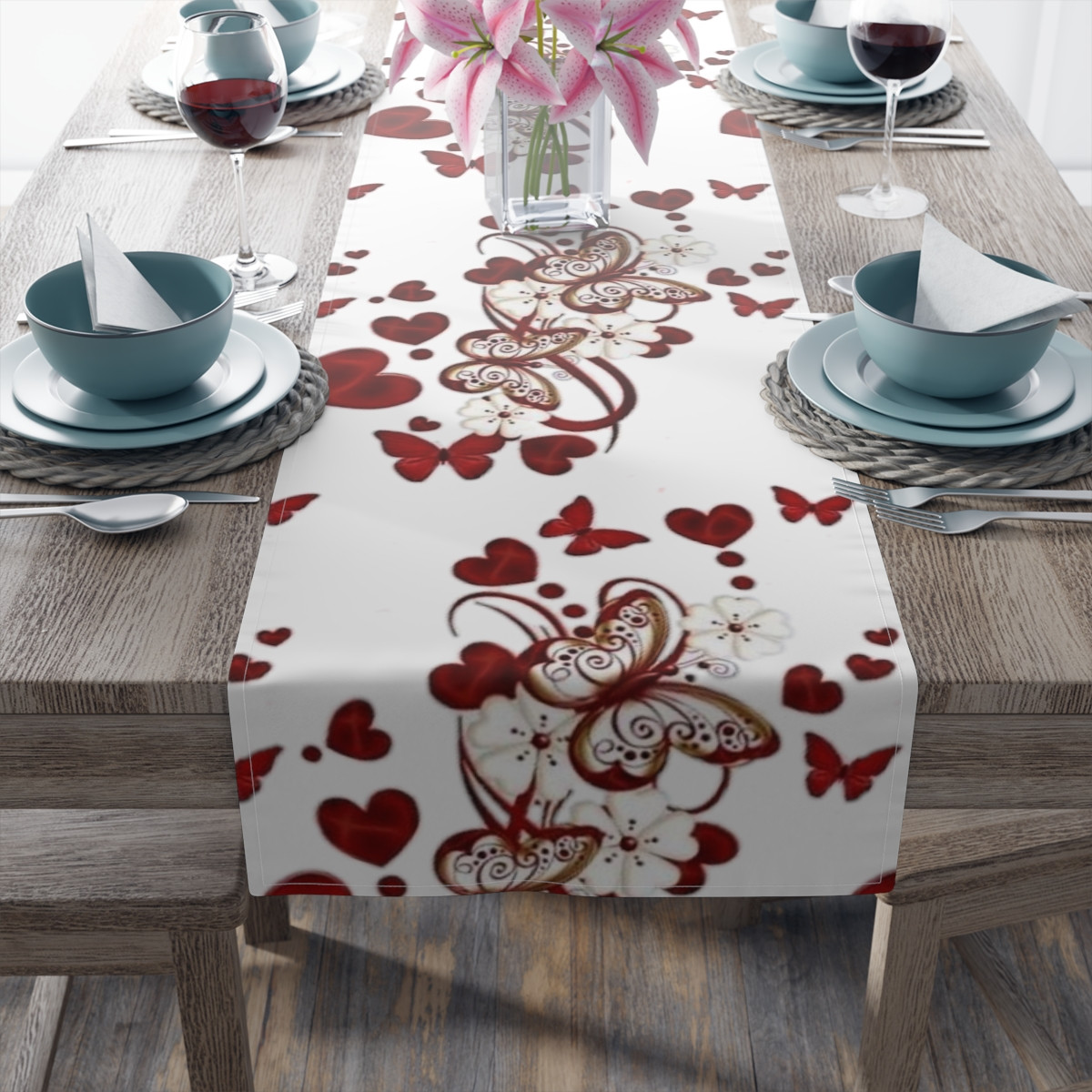 Table Runner (Cotton, Poly), Valentine's day decoration, hearts,butterflies, red decoration 