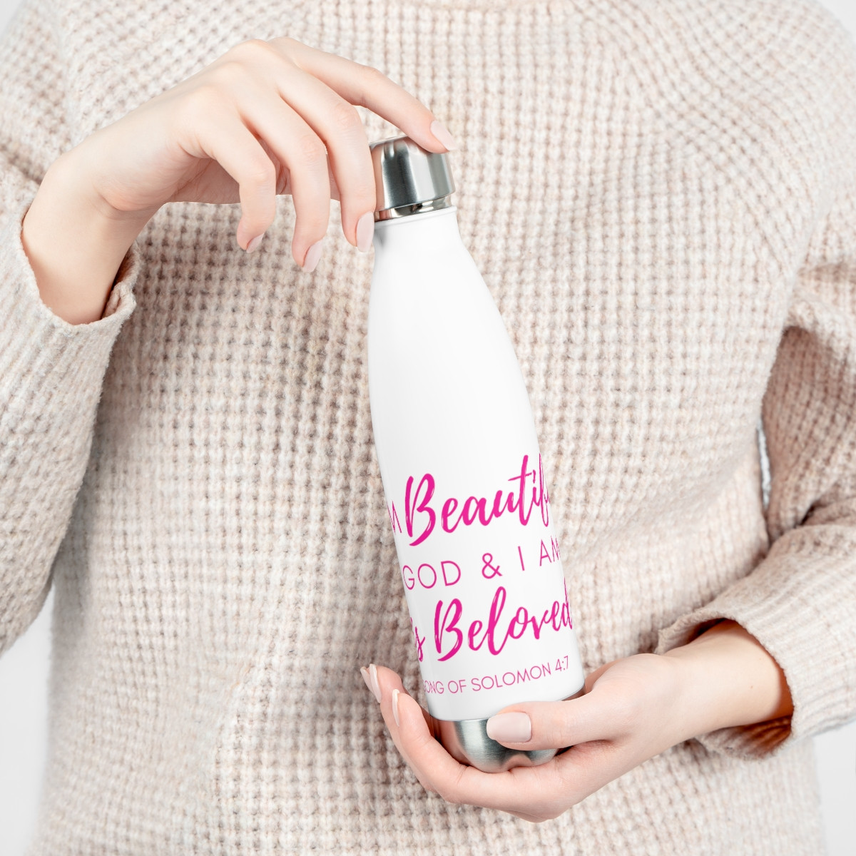 I Am Beautiful to God: Script – White/Pink 20 oz Insulated Stainless Steel Water Bottle