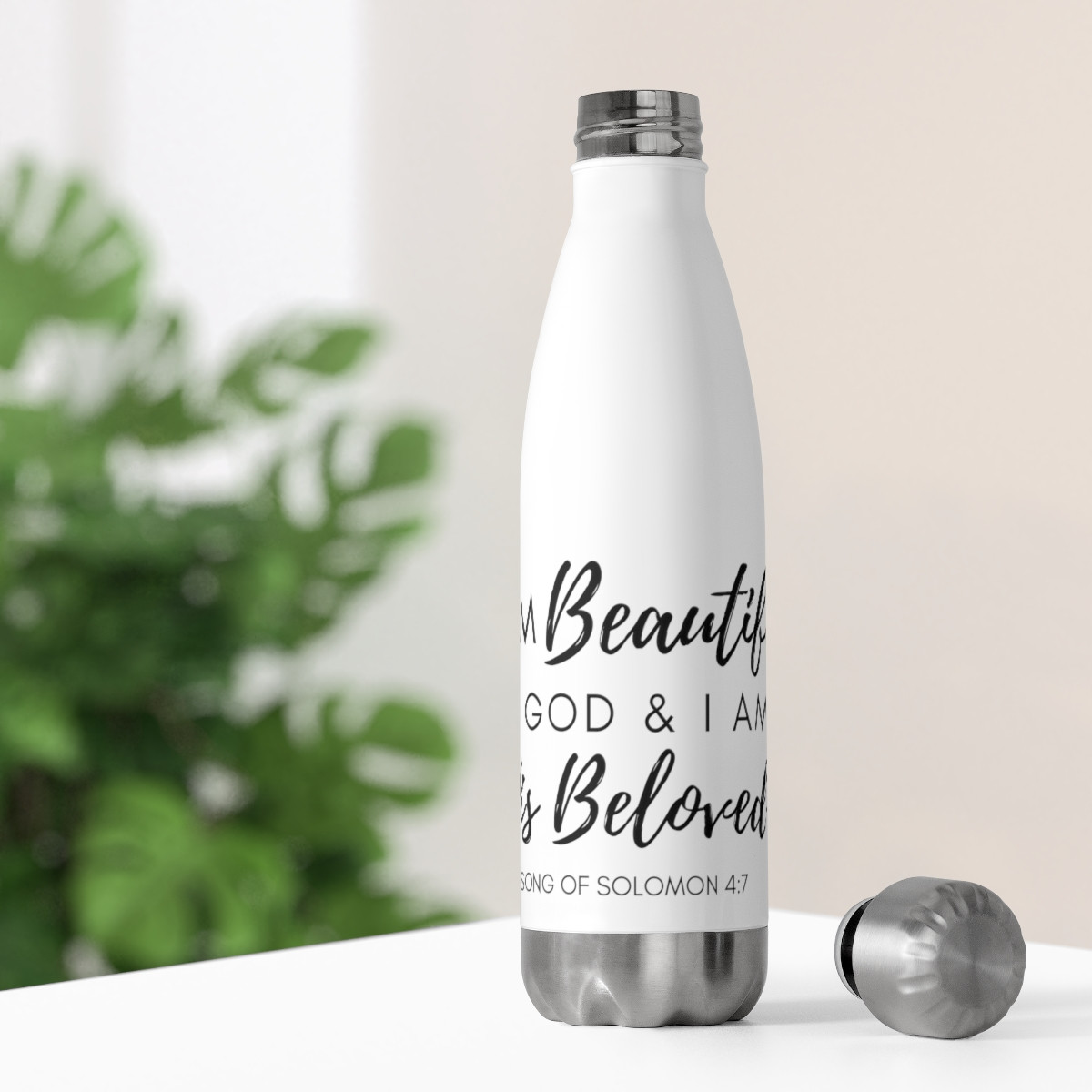 I Am Beautiful to God: Script – White/Black 20 oz Insulated Stainless Steel Water Bottle