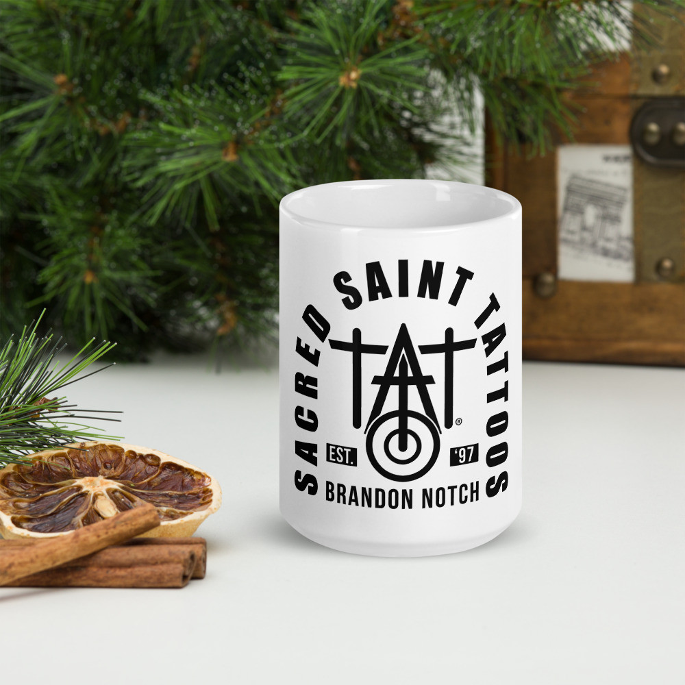 Brandon Notch Sacred Saint Tattoo White glossy mug