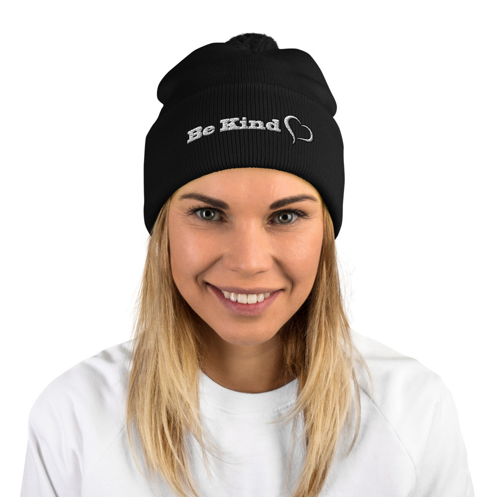 Embroidered Be Kind Pom-Pom Beanie