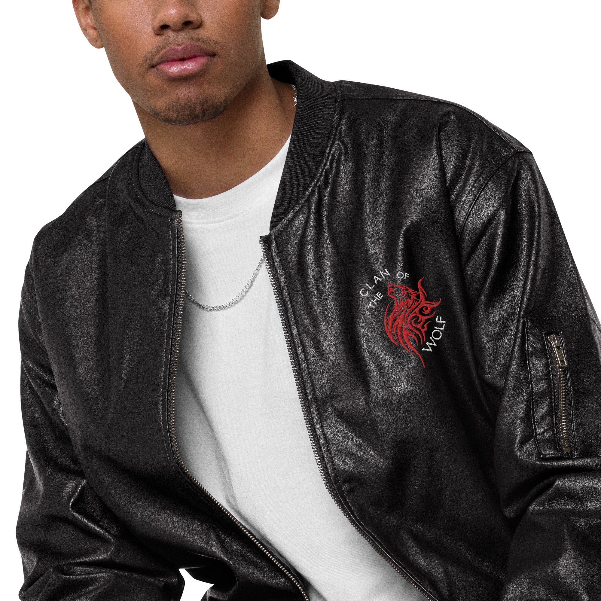 CLAN OF THE WOLF Unisex Faux Leather Bomber Jacket