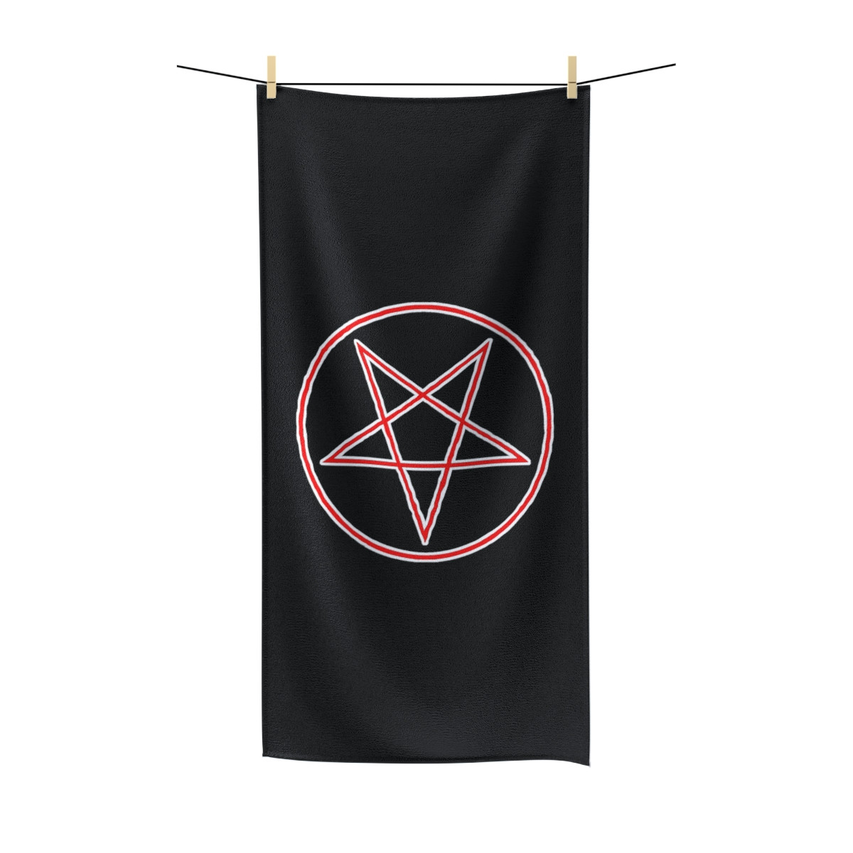 Pentagram Down Red and White on Black Polycotton Towel