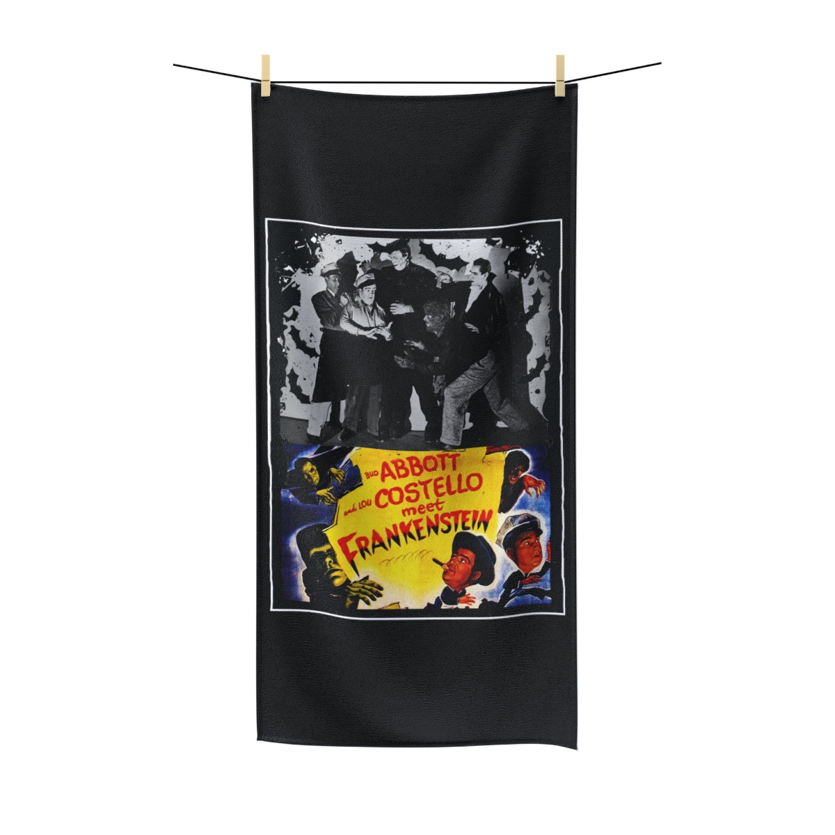 Abbott and Costello Meet Franketein on Black Polycotton Towel