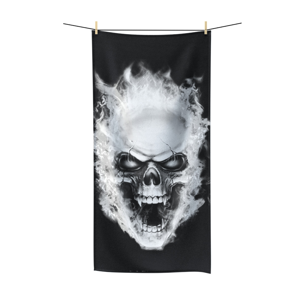 Flaming Demon  Skull White on Black Polycotton Towel