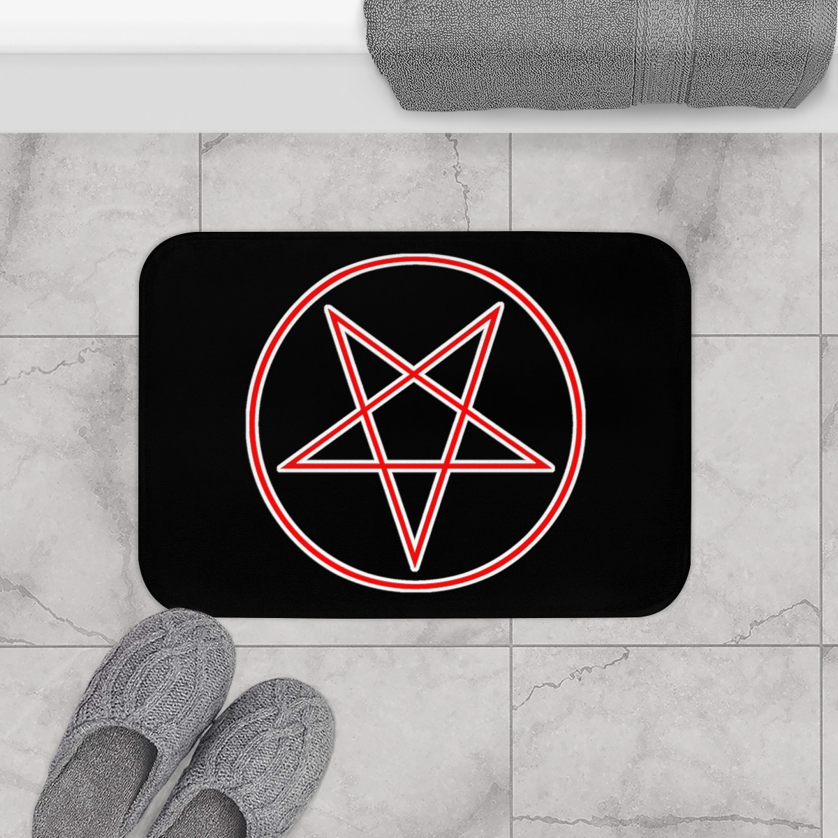 Pentagram Down Red and White on Black Bath Mat