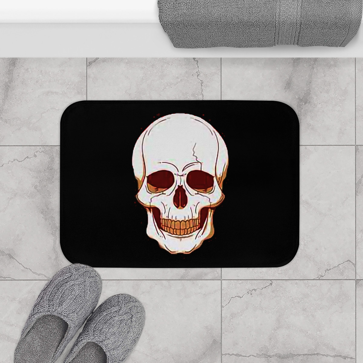 Skull By the Fire Light on Black Bath Mat