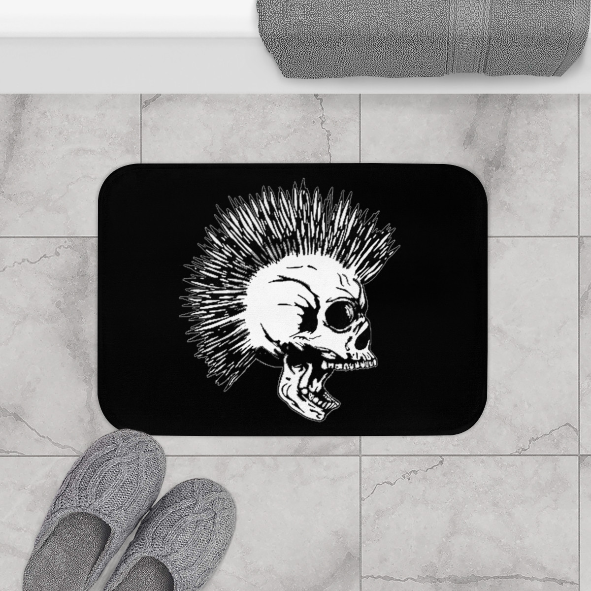 Screaming Skull With Mowhawk on Black Bath Mat