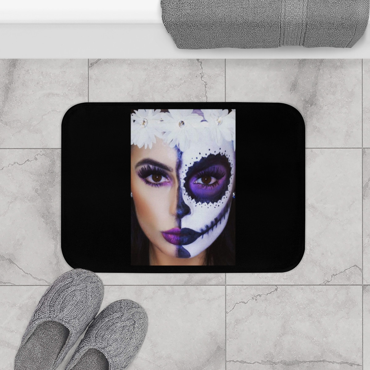Sugar Skull make up on Black Bath Mat