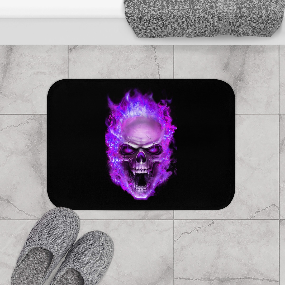 Flaming Demon Skull Purple on Black Bath Mat