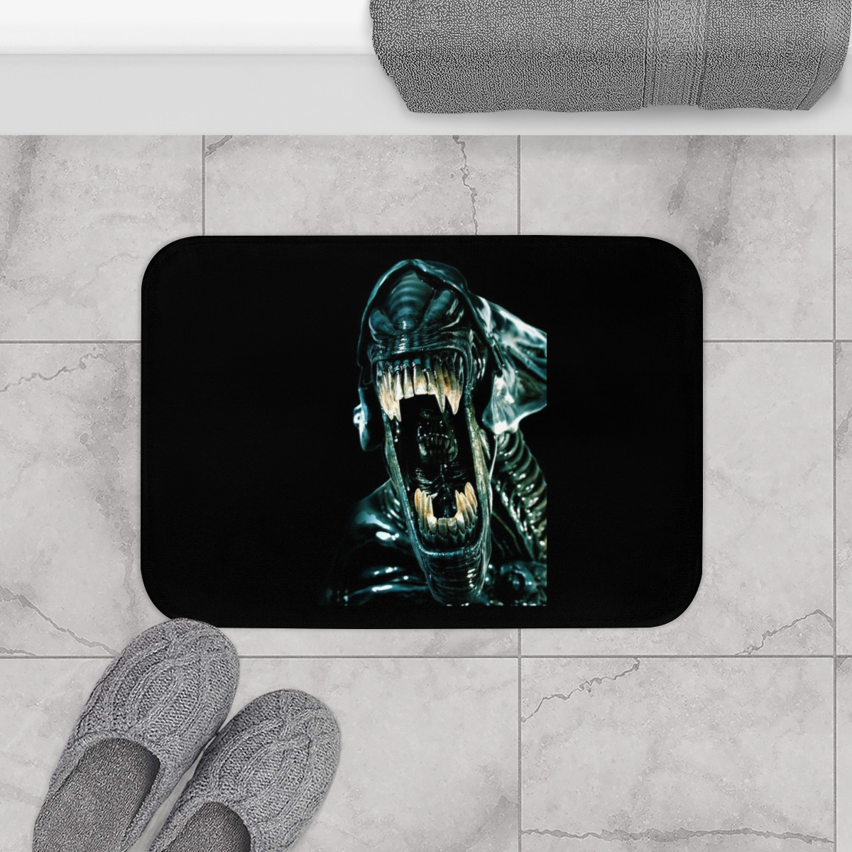 Alien Creature Attacks  on Black Bath Mat
