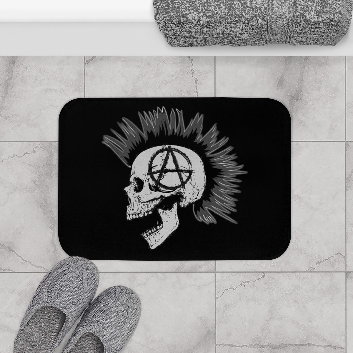 Anarchy Mowhawk Skull on Black Bath Mat