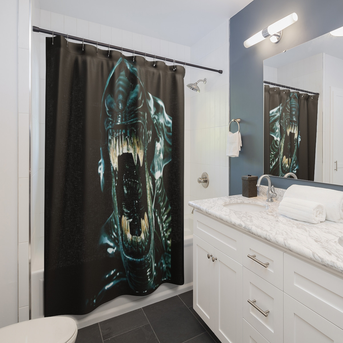 Alien Creature Attacks  on Black Shower Curtains