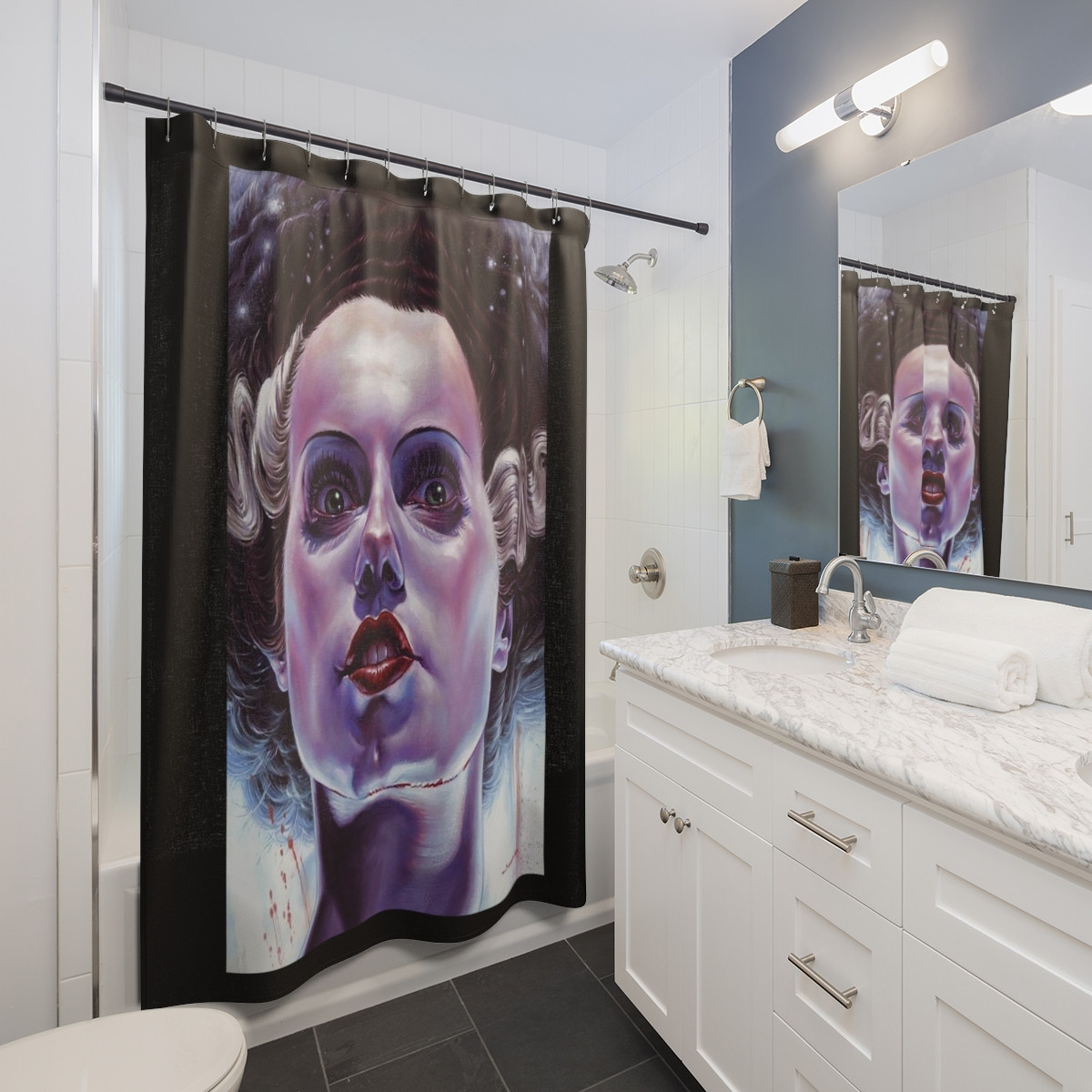 The Bride on Black Shower Curtains