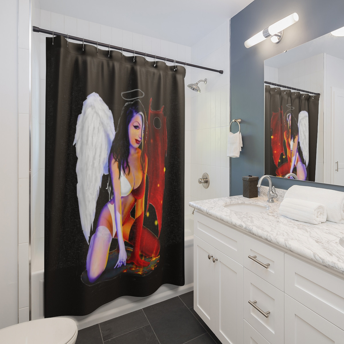 Angel Devil Babe on Black Shower Curtains