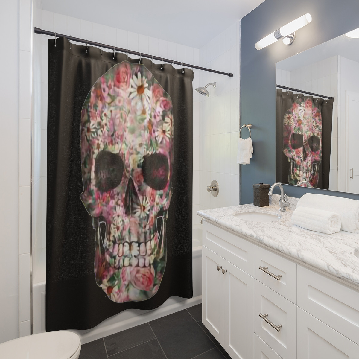 Flower Skull on Black Shower Curtains