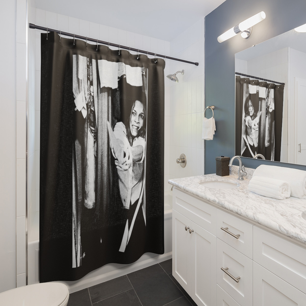 Halloween Movie Closet Scene on Black Shower Curtains