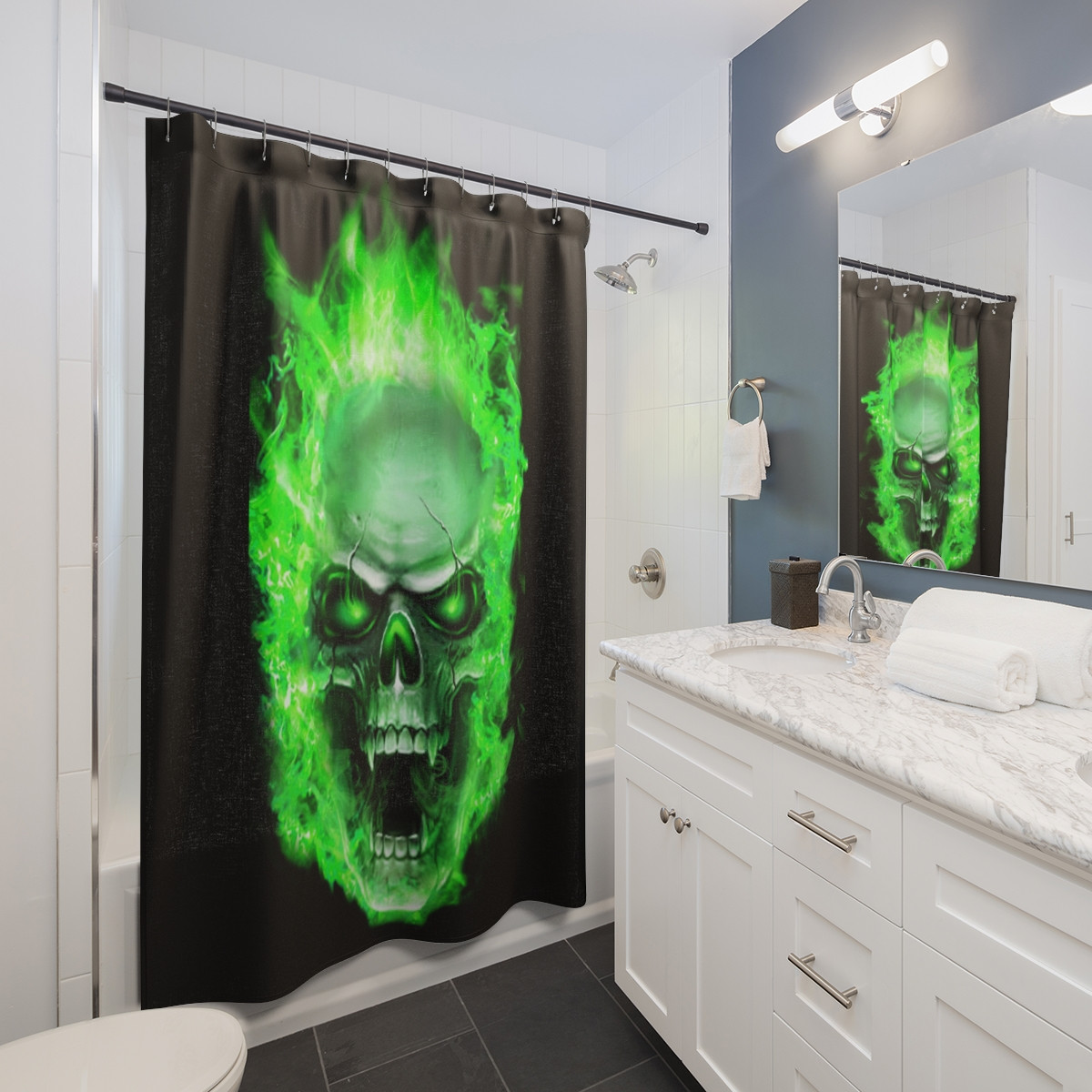 Flaming Demon  Skull Green ﻿on Black Shower Curtains