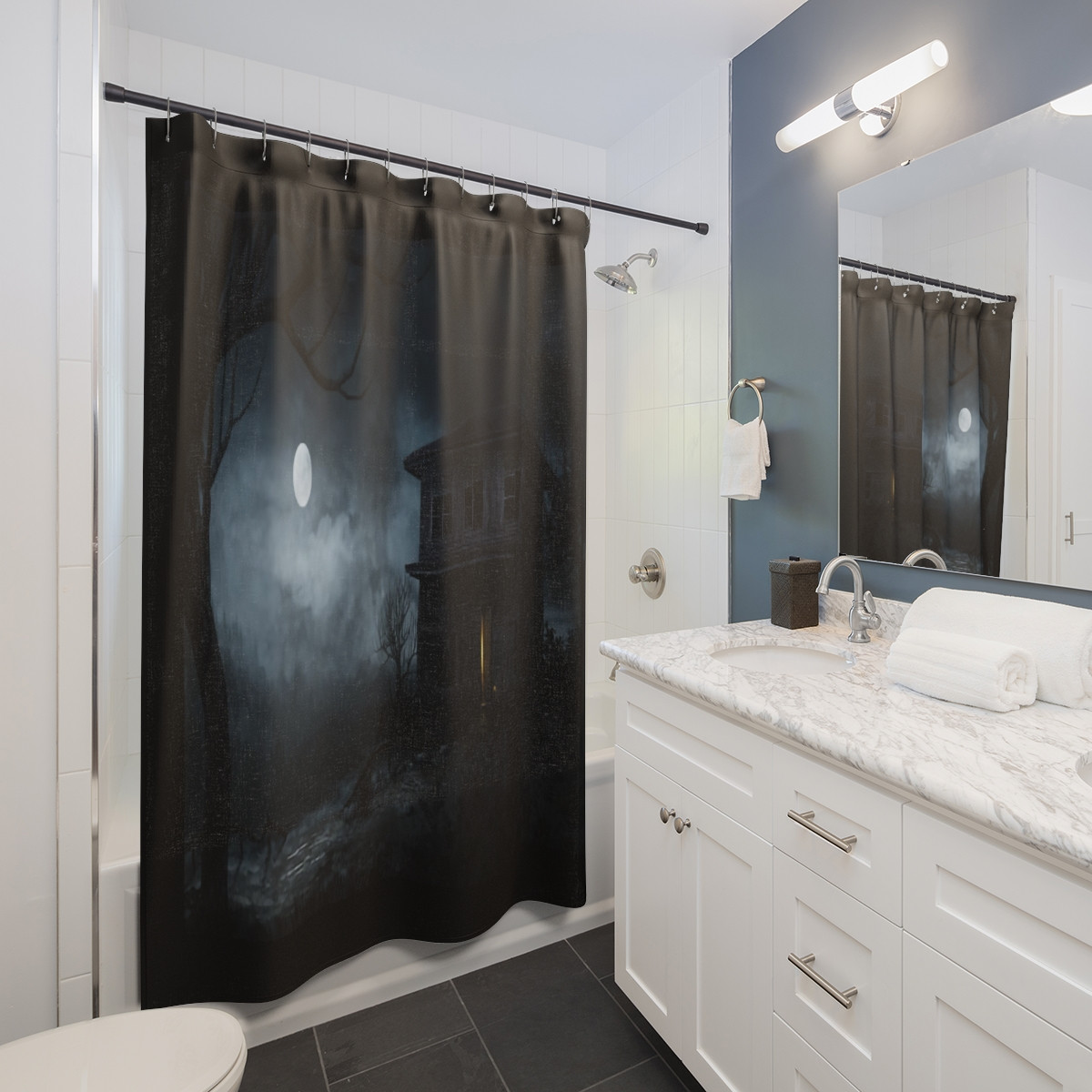 Creepy Spooky Old House on Black Shower Curtains