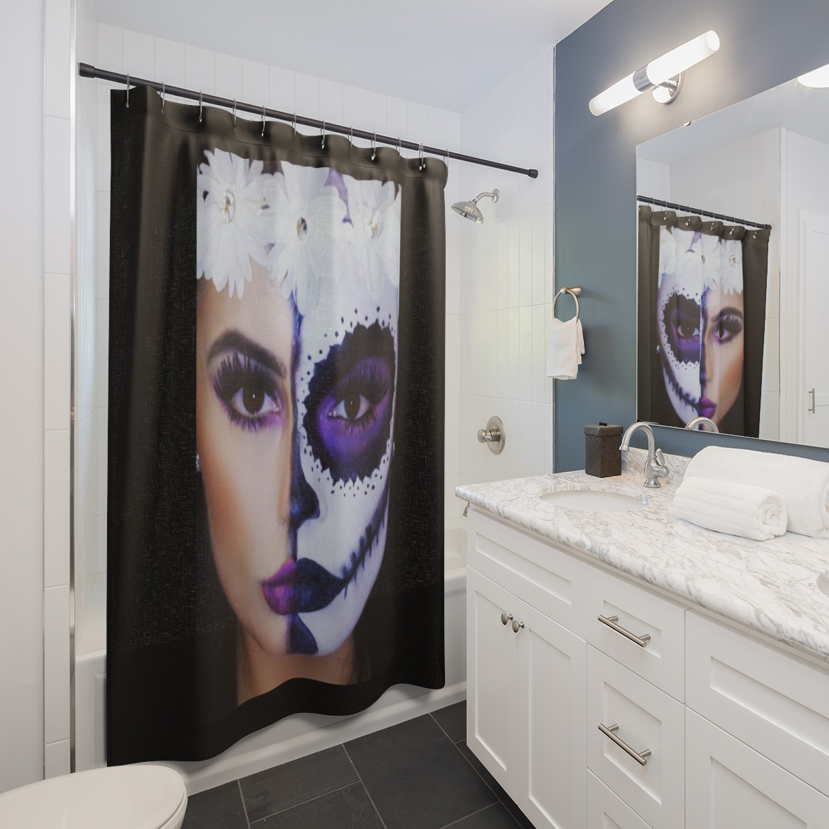 SUGAR Skull ﻿make up on Black Shower Curtains