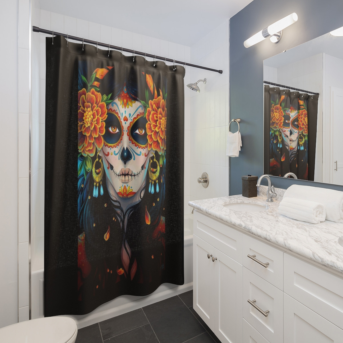 SUGAR SKULL Makeup Babe on Black Shower Curtains