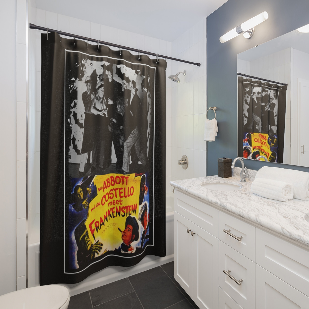 Abbott and Costello Meet Franketein on Black Shower Curtains