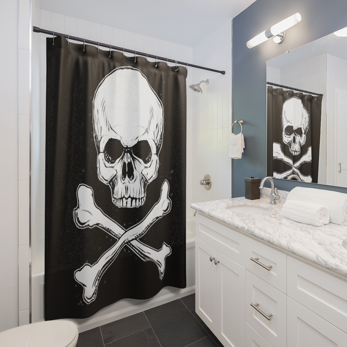 Skull And Cross Bones nuber 4 on Black Shower Curtains