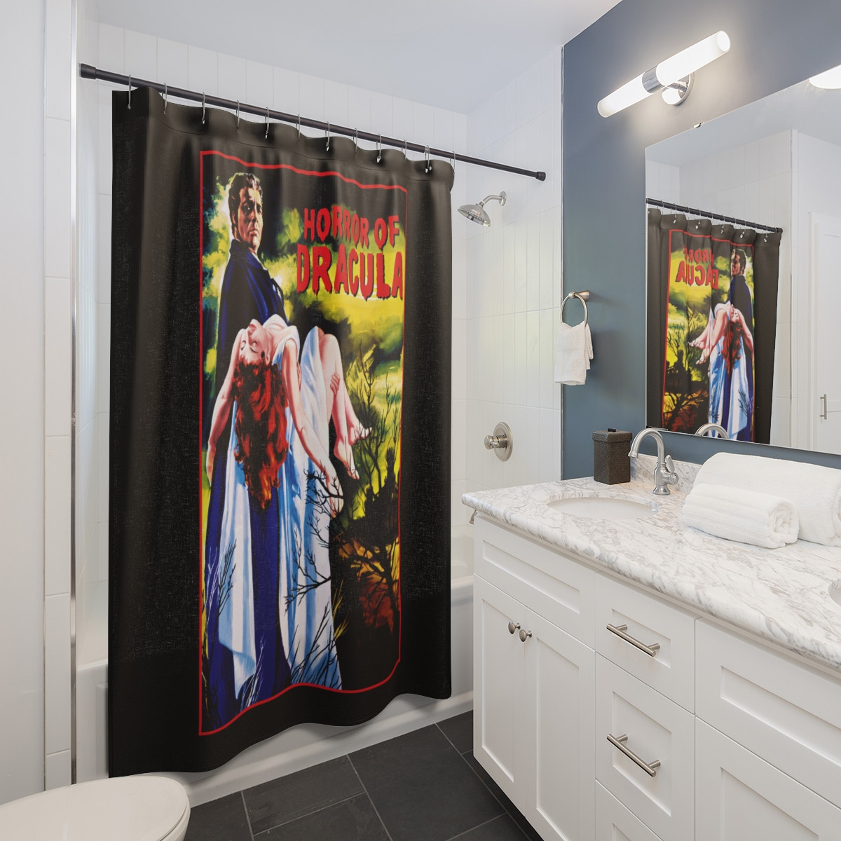 The Horror of Dracula Vampire monster Movie Poster on Black Shower Curtains