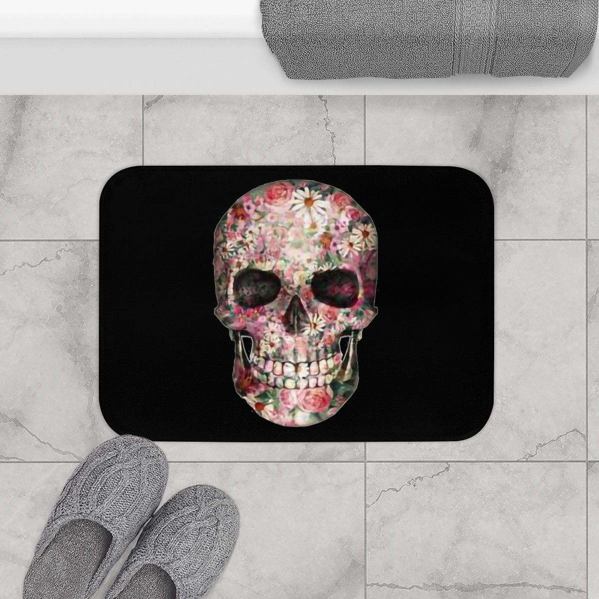 Flower Skull on Black Bath Mat
