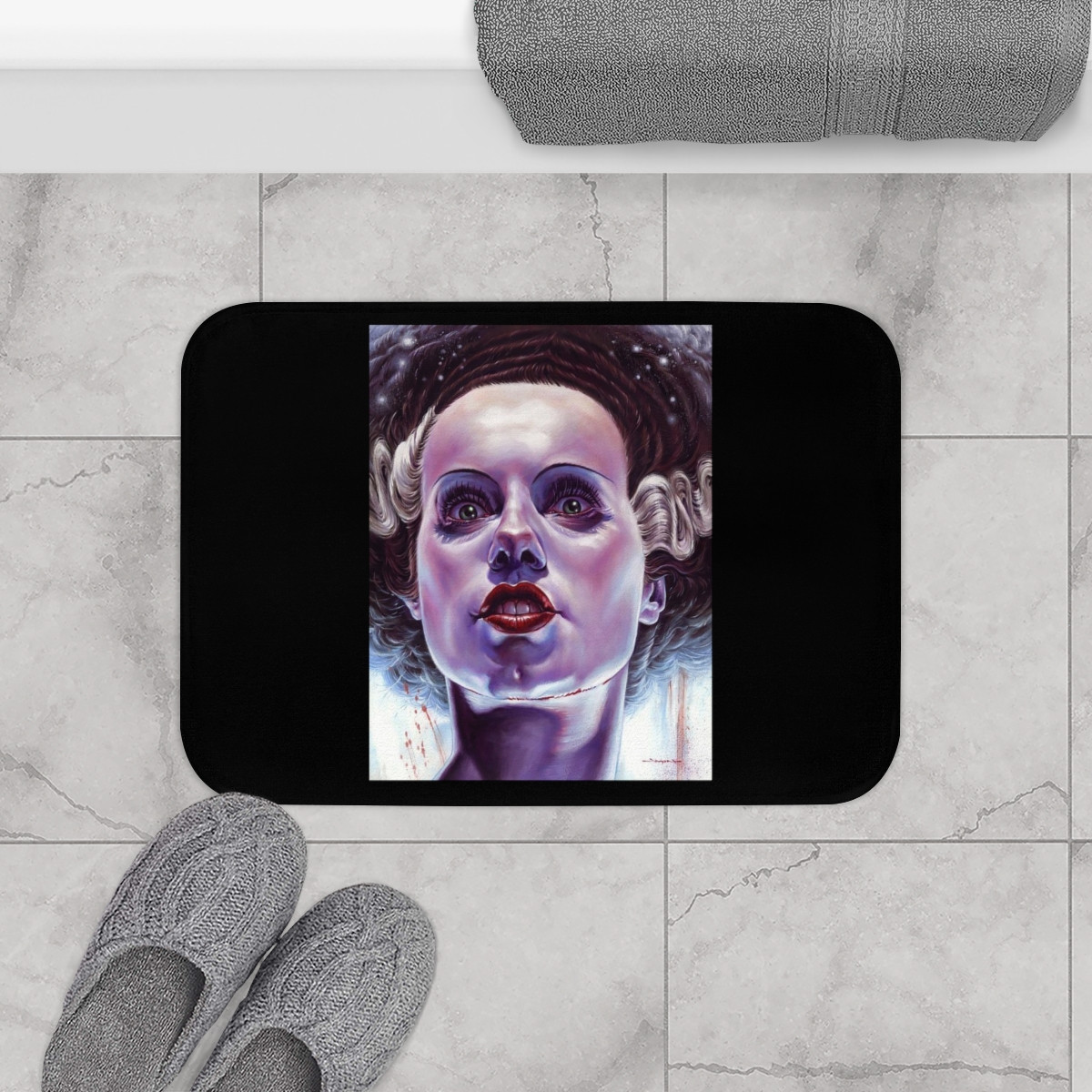 The Bride on Black Bath Mat