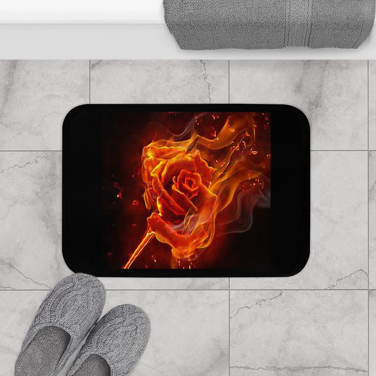 Flaming Rose on Black Bath Mat