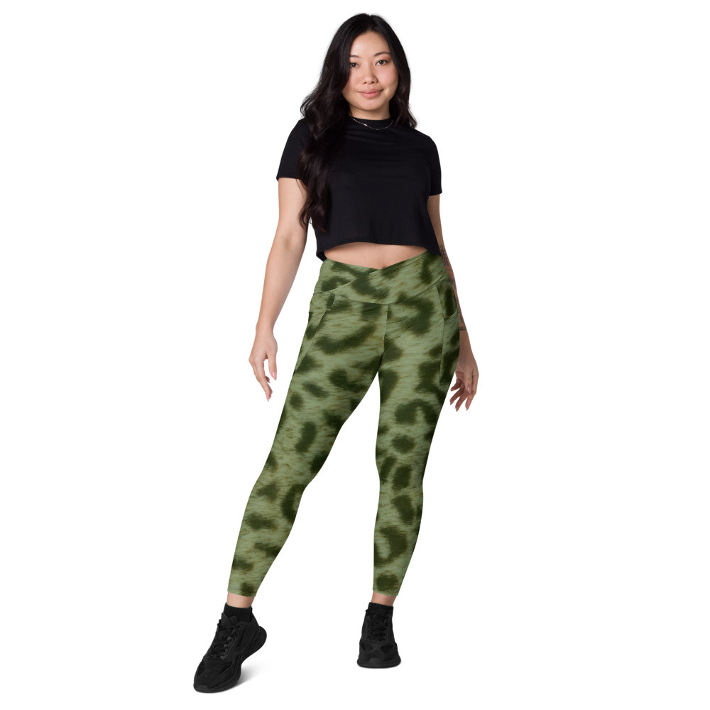 GREEN LEOPARD - Crossover leggings with pockets Sizes 2XS - 6XL