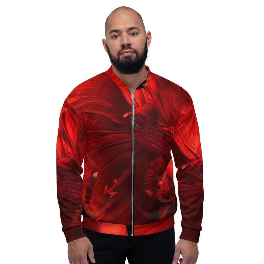 RED -Pop Fishing Design - Unisex Bomber Jacket Size XS to 3XL