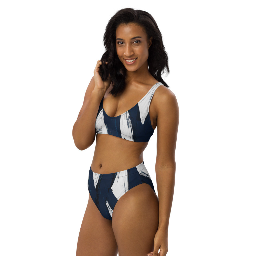 Abstract Art Navy Blue and White - Recycled high-waisted bikini with style Size XS to 3XL