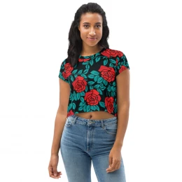6-2) The 70's Are Back to Stay - Bright Red Roses - Retro Crop Tee