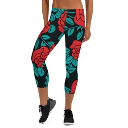 6-4) The 70's Are Back to Stay - Bright Red Roses - Retro - Capri Leggings