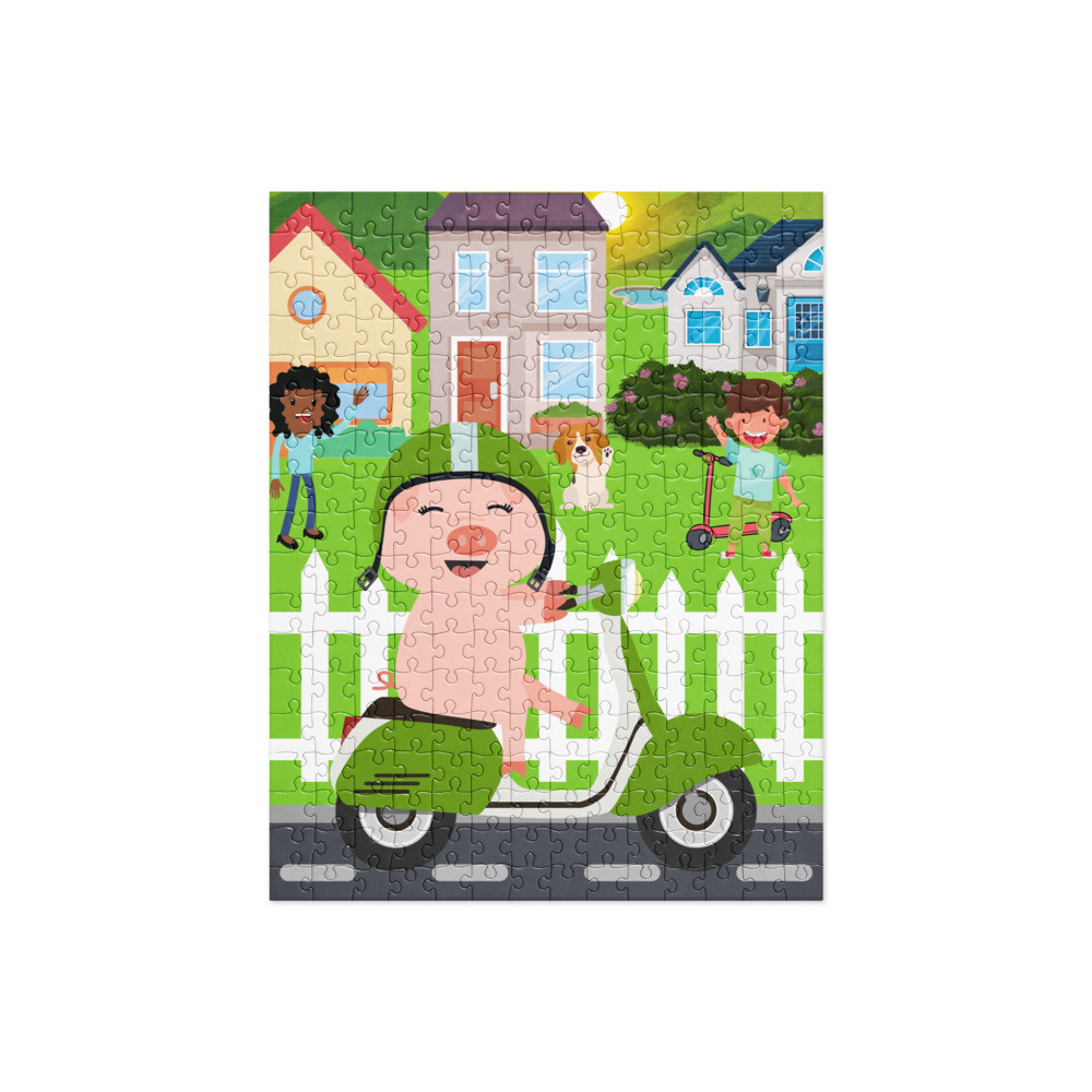 Cute Piggy Rides A Scooter In The Neighborhood