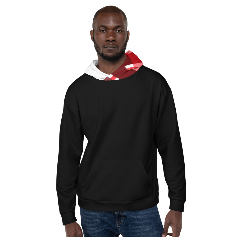 Unisex Black Hoodie With Duo Tone Plaid Hood