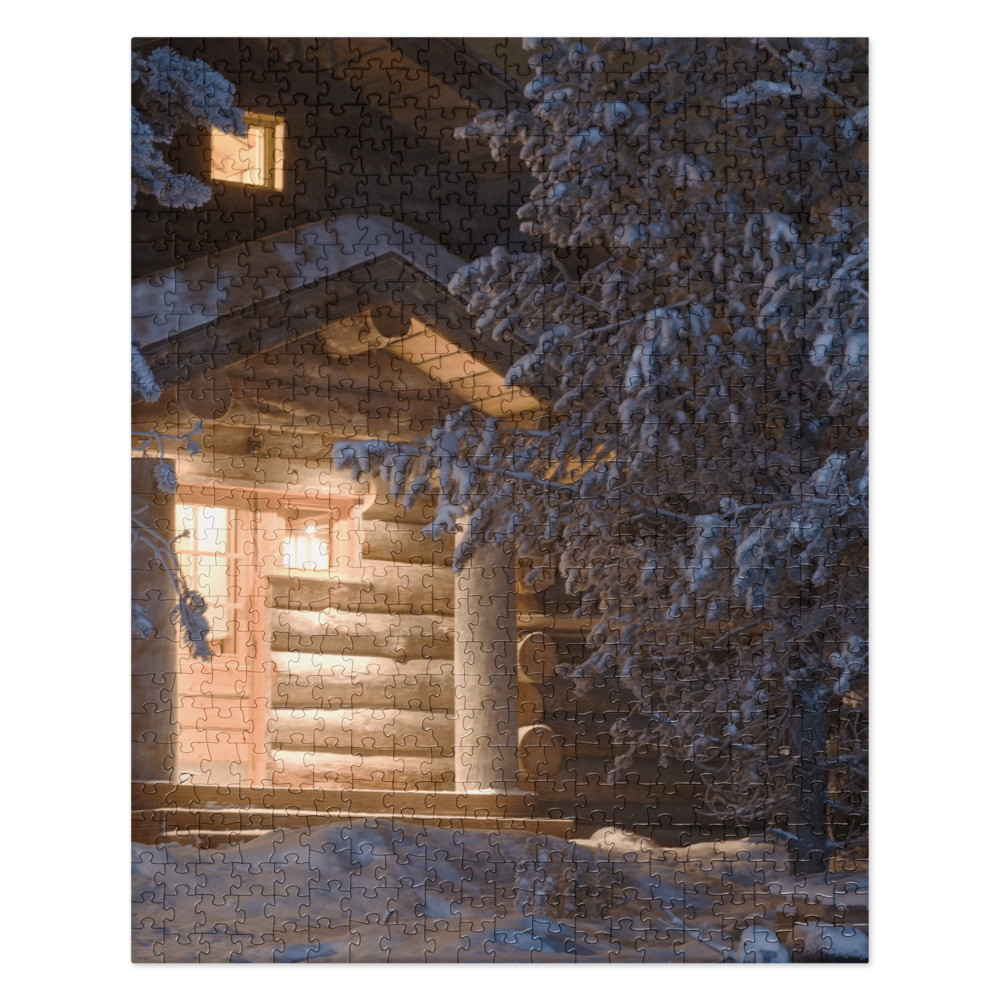 Log Cabin Lit At Night Jigsaw Cabin