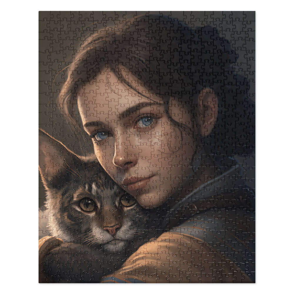 Blue Eyed Girl Hugging Green Eyed Cat Jigsaw Puzzle