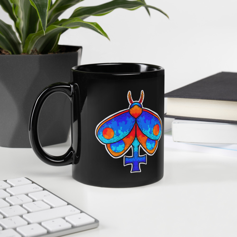 Flame Cross Moth Black Glossy Mug