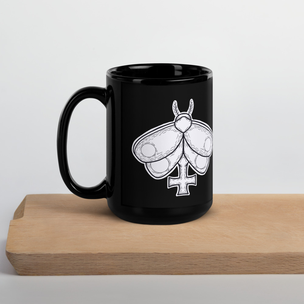 Flame Cross Moth B&W Black Glossy Mug